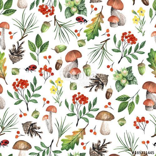 Seamless white pattern with mushrooms, nuts, leaves, acorns. Wat, Premium Kollekció