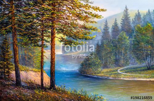Landscape, mountain river.  Picture oil paints on a canvas., Premium Kollekció