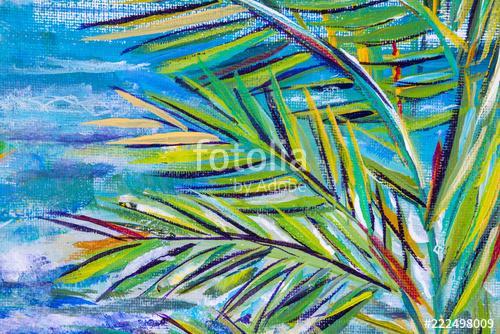 Details of acrylic paintings showing colour, textures and techniques.  Expressionistic palm tree foliage and blue sea background, Premium Kollekció