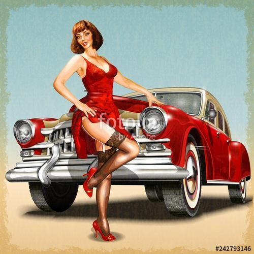 Pin-up girl and retro car isolated on vintage background	, Premium Kollekció