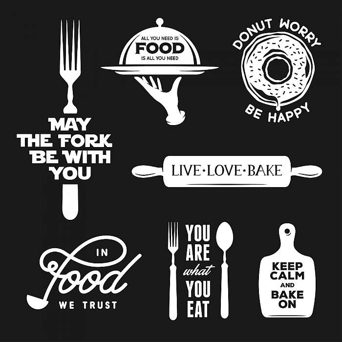 Food related typography set. Quotes about cooking. Vintage vecto, Premium Kollekció