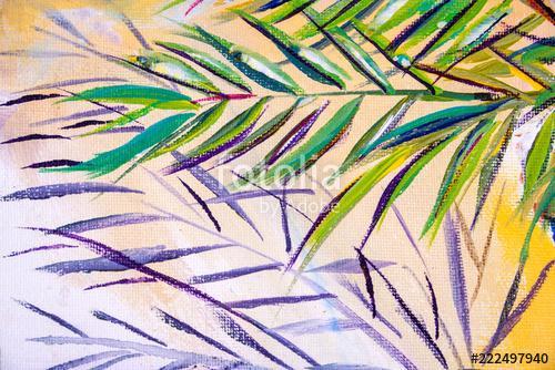 Details of acrylic paintings showing colour, textures and techniques.  Expressionistic palm tree foliage and a sandy beach backg, Premium Kollekció