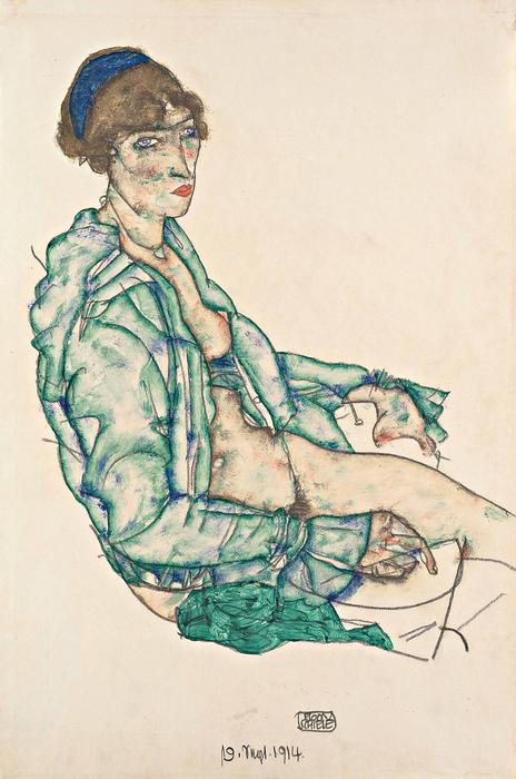 Női fél-akt kék fejkötővel, Egon Schiele