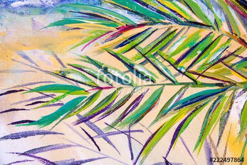 Details of acrylic paintings showing colour, textures and techniques.  Expressionistic palm tree foliage and a sandy beach backg, Premium Kollekció