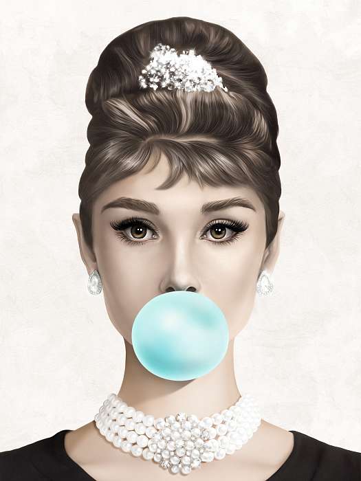 Audrey Hepburn kék rágógumit fúj, színes (3:4 arány) , Partner Kollekció