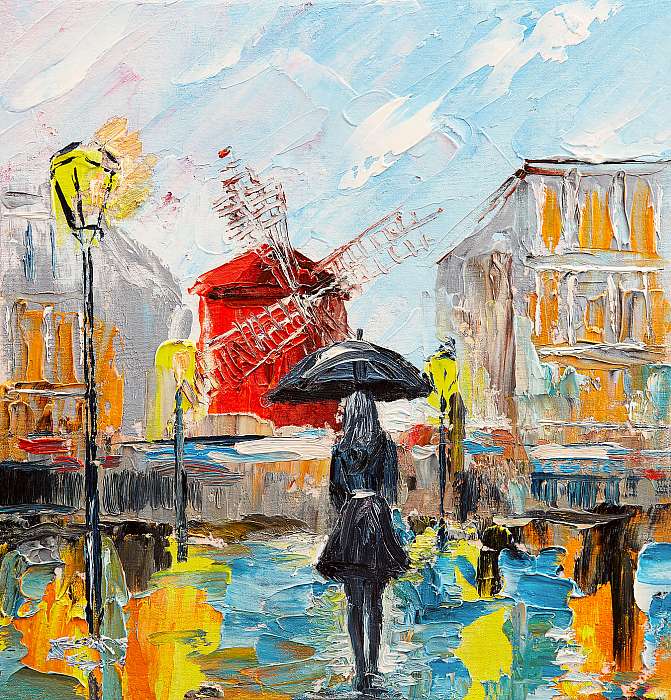 Nő esernyővel Moulin Rouge közelében festmény, Premium Kollekció