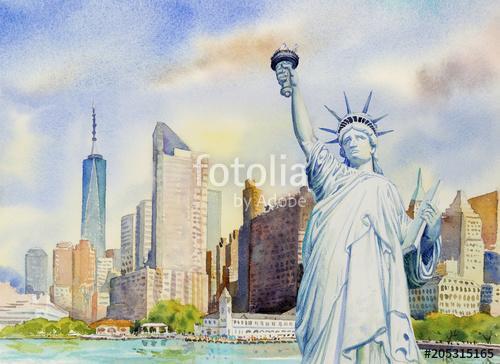 Statue Liberty  in Manhattan urban. Watercolor painting, Premium Kollekció