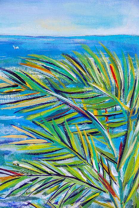 Details of acrylic paintings showing colour, textures and techniques.  Expressionistic palm tree foliage and blue sea horizon ba, Premium Kollekció