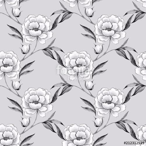 Seamless pattern with hand drawn white flowers 5. Line art peony, Premium Kollekció