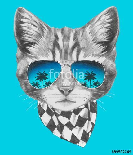 Hand drawn portrait of Cat with mirror sunglasses and scarf. Vec, Premium Kollekció