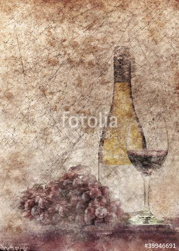 Borosüveg, egy fürt szőlővel, pohárral, Premium Kollekció
