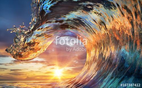 Colorful Ocean Wave. Sea water in crest shape. Sunset light and, Premium Kollekció