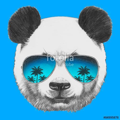 Hand drawn portrait of Panda with mirror sunglasses. Vector isol, Premium Kollekció