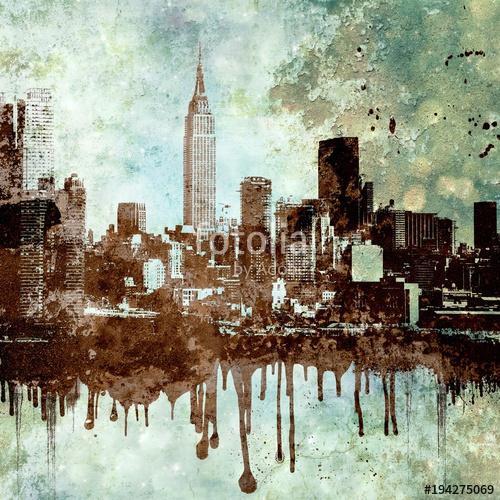 Grunge textured New York city skyline with dripping and copy space., Premium Kollekció