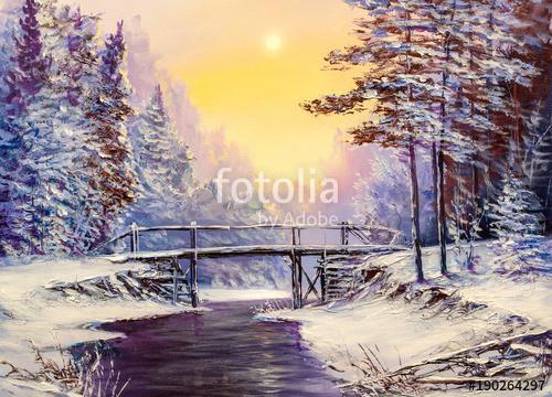 White bridge over the river, winter landscape, Premium Kollekció