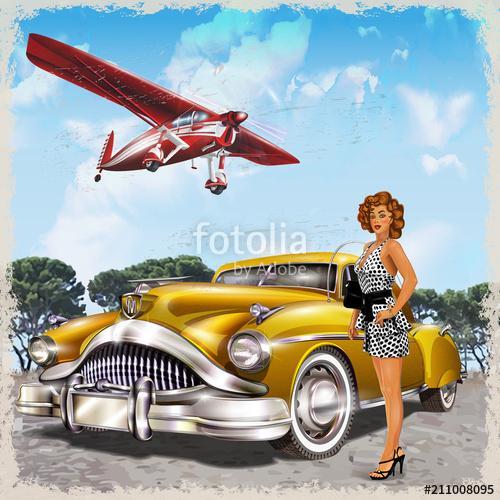 Vintage background with biplane, pin-up girl and retro car., Premium Kollekció