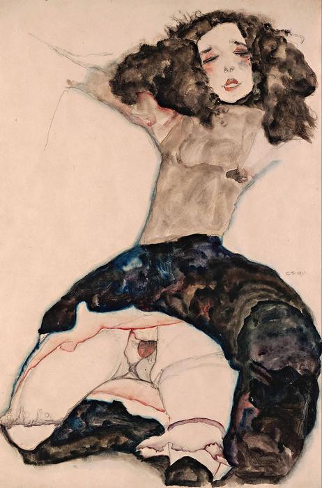 Fekete hajú lány, felhúzott szoknyával, Egon Schiele