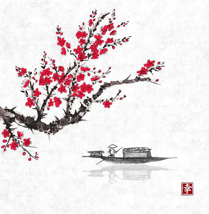Oriental sakura cseresznyefa virágban és halászhajó vízben, Premium Kollekció