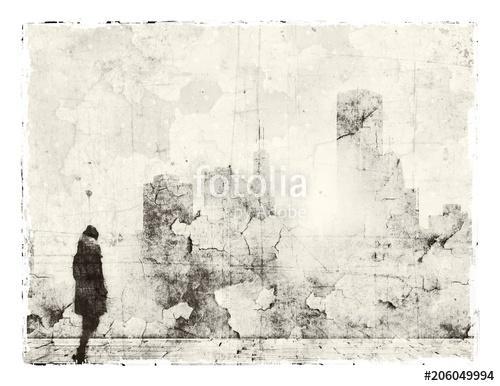 Abstract destroyed city skyline with small female figure unrecognizable, Premium Kollekció