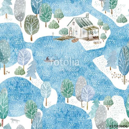 Seamless pattern of a fisherman's house,island and garden.Landsc, Premium Kollekció