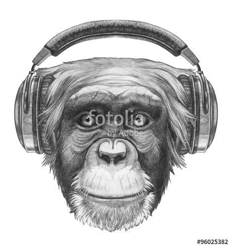 Portrait of Monkey with headphones. Hand drawn illustration., Premium Kollekció