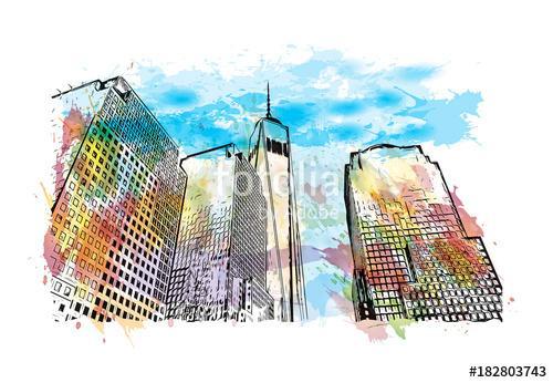 Watercolor splash with hand drawn sketch of Times Square, New Yo, Premium Kollekció