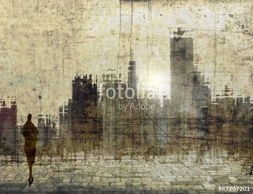 Vintage city skyline with small female figure, Premium Kollekció