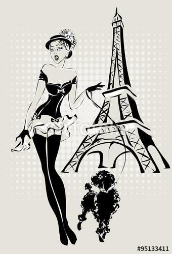 illusztráció Divat nő közelében Eiffel-torony kis kutya, Premium Kollekció