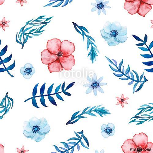 Seamless Pattern of Watercolor Red and Blue Flowers, Premium Kollekció