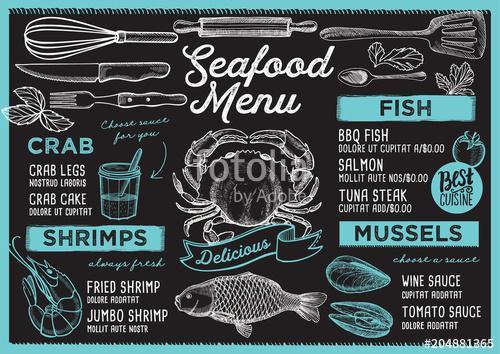 Seafood restaurant menu. Vector food flyer for bar and cafe. Des, Premium Kollekció