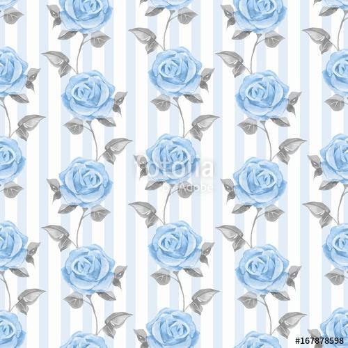 Floral seamless striped pattern. Watercolor background with blue, Premium Kollekció