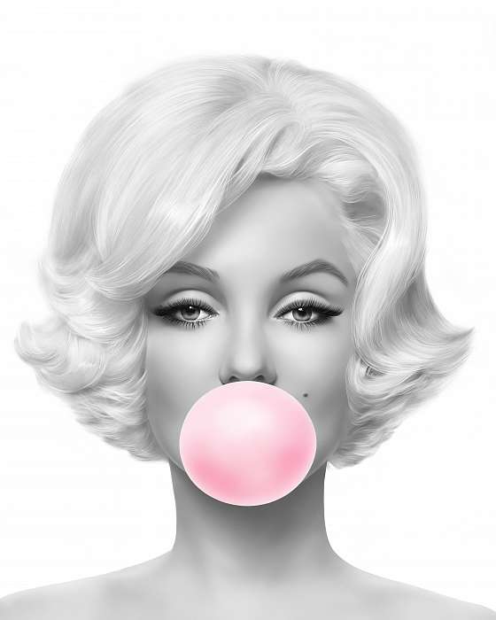 Marilyn Monroe rózsaszín rágógumit fúj, fekete-fehér (4:5 arány), Partner Kollekció