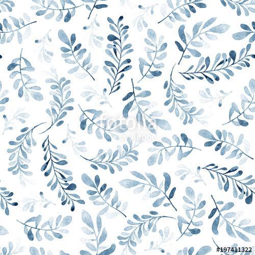 Watercolor seamless pattern of blue branches isolated on white b, Premium Kollekció