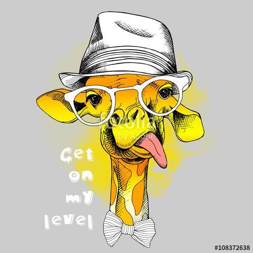 Image of portrait of a giraffe in the glasses and in the hat. Ve, Premium Kollekció