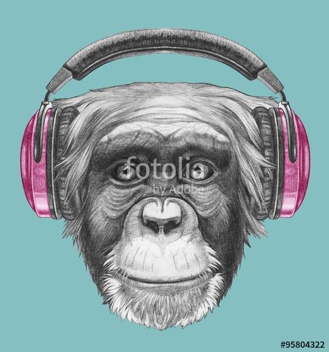 Portrait of Monkey with headphones. Hand drawn illustration., Premium Kollekció