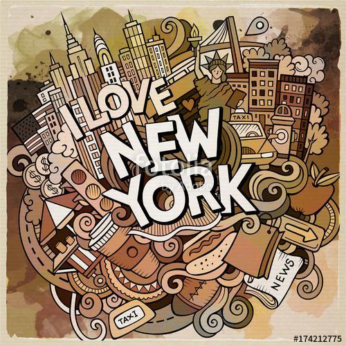 Cartoon cute doodles hand drawn I Love New York inscription, Premium Kollekció