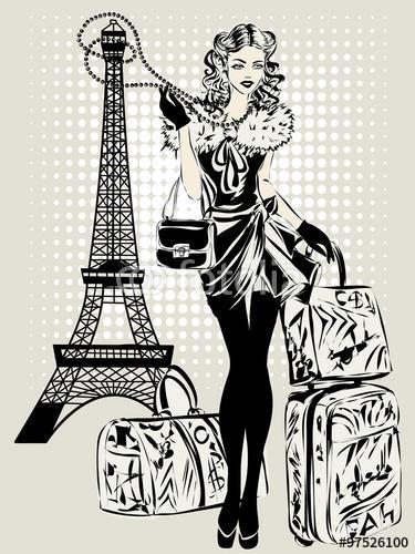 Fekete-fehér illusztráció a divat nő közelében Eiffel-torony , Premium Kollekció