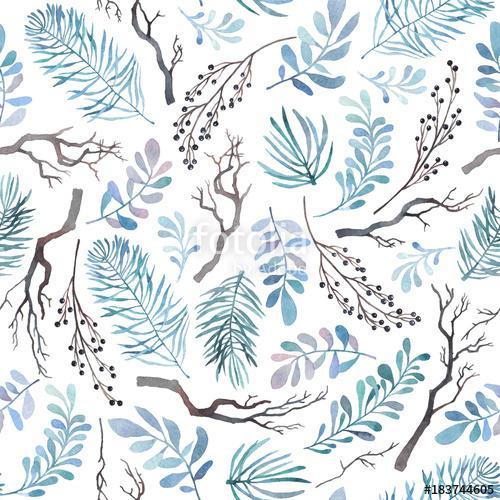 Watercolor seamless pattern with different kinds of winter branc, Premium Kollekció