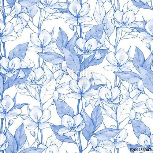 Blue floral seamless pattern 5. Monochrome watercolor background, Premium Kollekció