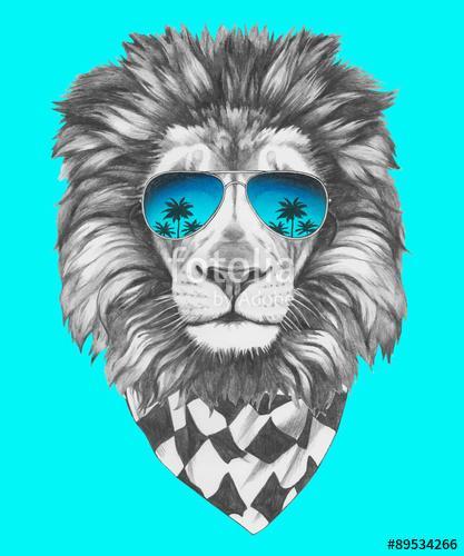 Hand drawn portrait of Lion with sunglasses and scarf. Vector is, Premium Kollekció