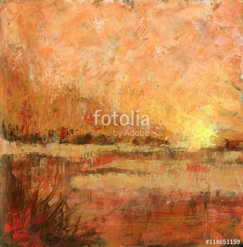 Glowing Landscape - Abstract acrylic painting of river and trees., Premium Kollekció