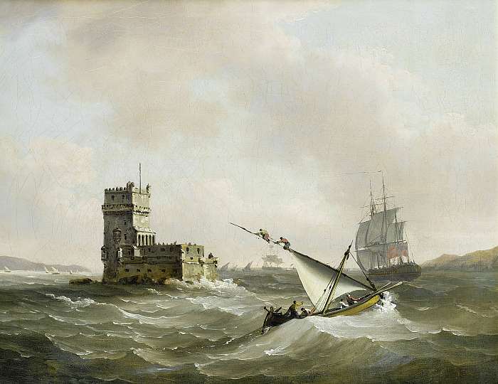 Fregatt a hullámzó Tejo folyón, a Belém toronnyal, John Thomas Serres
