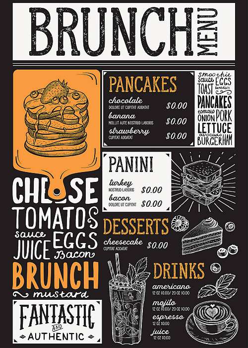 Brunch restaurant menu. Vector food flyer for bar and cafe. Desi, Premium Kollekció