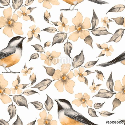 Spring flowers and birds. Hand drawn watercolor floral seamless , Premium Kollekció