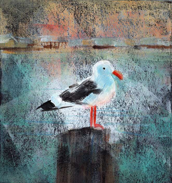 Seagull At The Dock - Acrylic painting of a seagull standing on a wooden dock post., Premium Kollekció