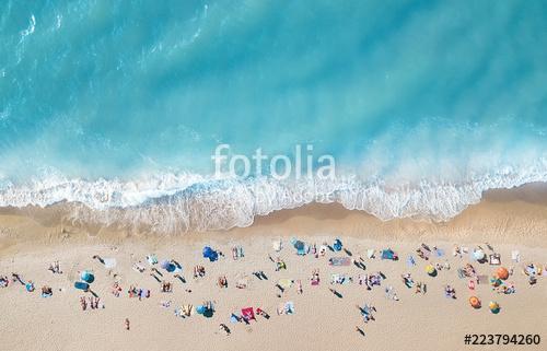 Aerial view at the beach. Turquoise water background from top view. Summer seascape from air. Top view from drone. Travel concep, Premium Kollekció