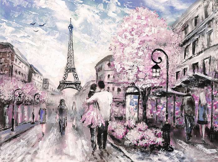 Párizsi utcakép, sétáló párral, virágzó fákkal (olajfestmény reprodukció), Partner Kollekció