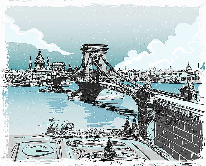 Vintage Hand Drawn View of Lions Bridge in Budapest, Premium Kollekció