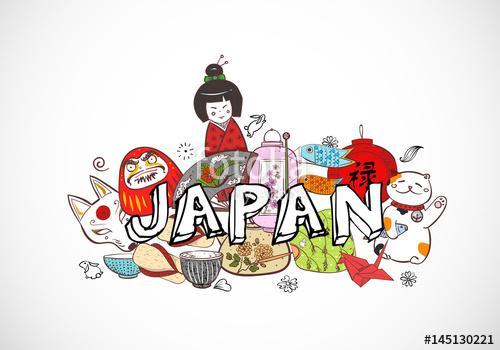 Japán színes doodle vázlatelemek. Szimbólumok Japánban., Premium Kollekció
