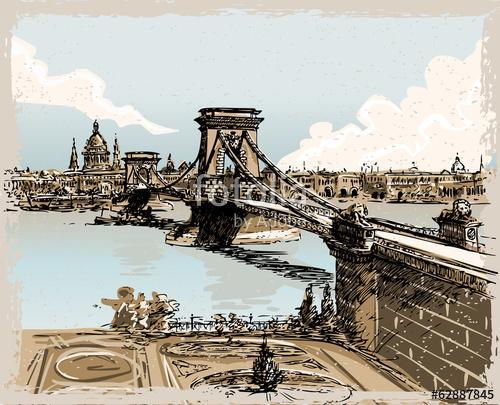 Vintage Hand Drawn View of Lions Bridge in Budapest, Premium Kollekció